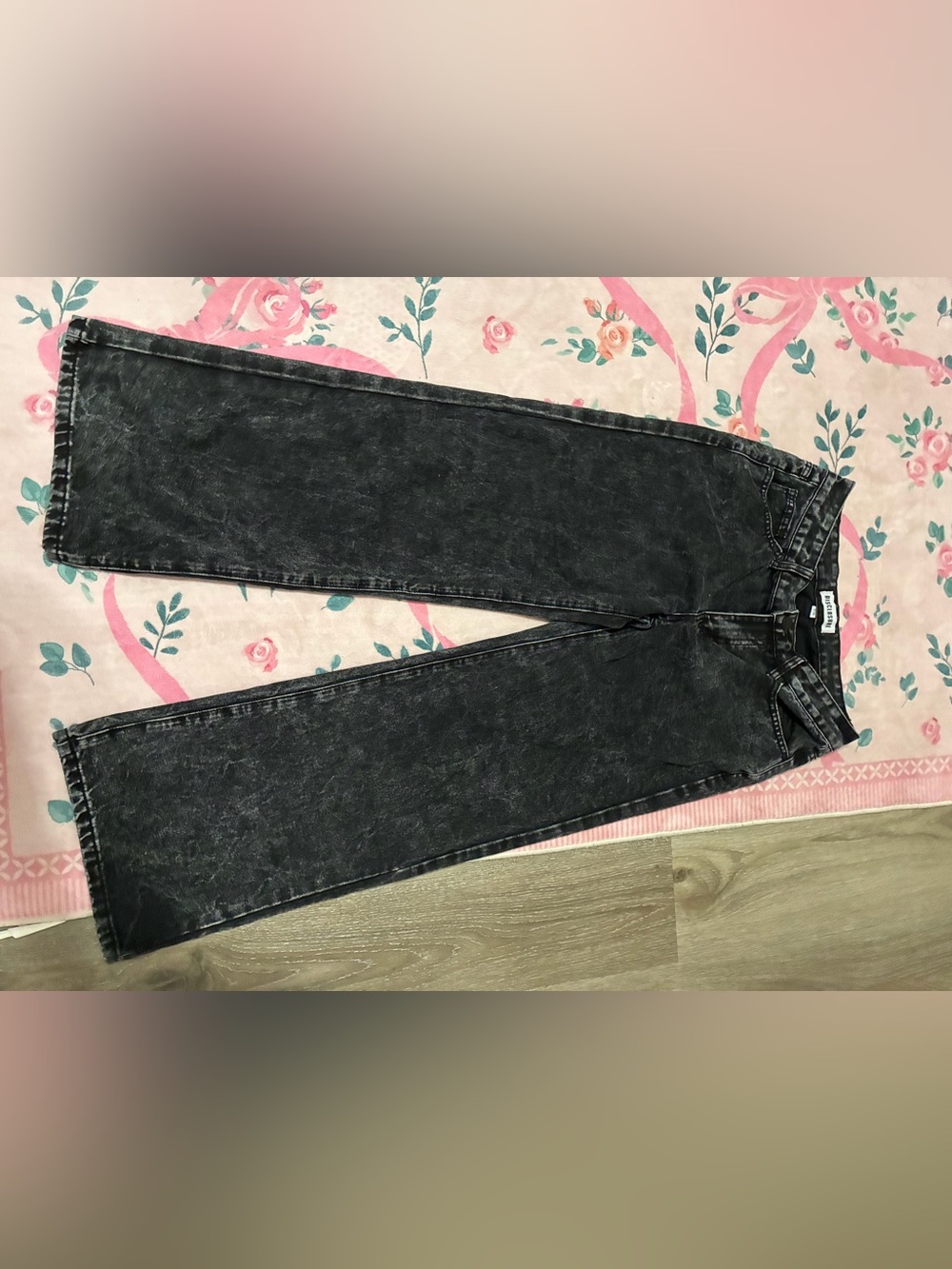 Women's Black Acid-Wash Wide Leg Jeans